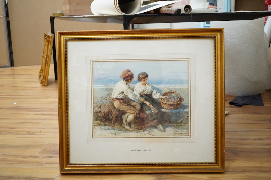 Guido Bach (German, 1828-1905), watercolour, Study of a fisherman and fruit seller, signed and dated 1880, partial label verso, 35 x 45cm. Condition - fair